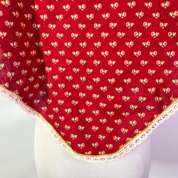 Vintage 1970s Maggee Floral Triangle Wrap Shawl Floral Lace Trim Red - Picture 5 of 8